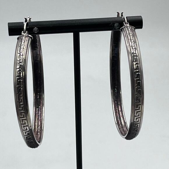 Sterling Silver 925 Stamped Large Greek Pattern 2.25” Hoop Pierced Earrings - Picture 1 of 8